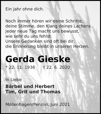 Traueranzeige von Gerda Gieseke von Müritz-Zeitung