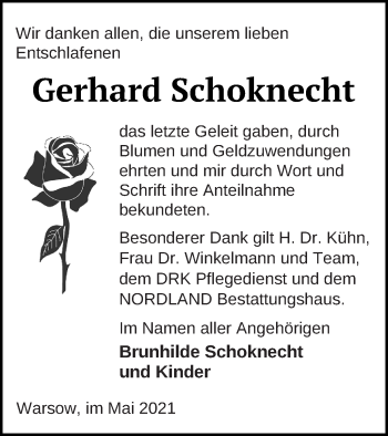 Traueranzeige von Gerhard Schoknecht von Mecklenburger Schweiz