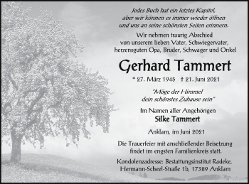 Traueranzeige von Gerhard Tammert von Vorpommern Kurier