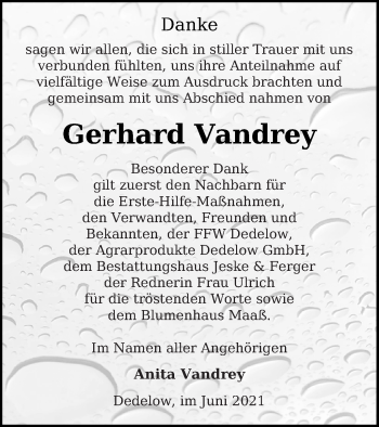 Traueranzeige von Gerhard Vandrey von Prenzlauer Zeitung