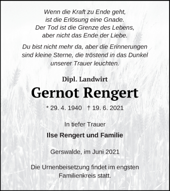 Traueranzeige von Gernot Rengert von Templiner Zeitung