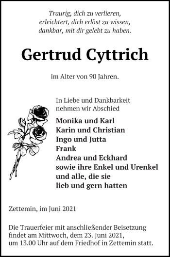 Traueranzeige von Gertrud Cyttrich von Mecklenburger Schweiz