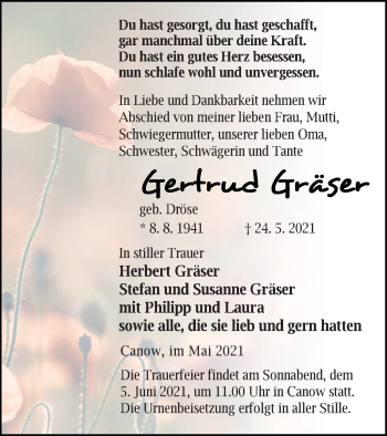 Traueranzeige von Gertrud Gräser von Strelitzer Zeitung