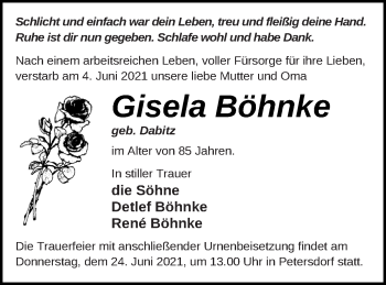 Traueranzeige von Gisela Böhnke von Strelitzer Zeitung