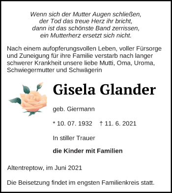 Traueranzeige von Gisela Glander von Neubrandenburger Zeitung