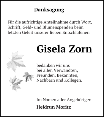 Traueranzeige von Gisela Zorn von Mecklenburger Schweiz