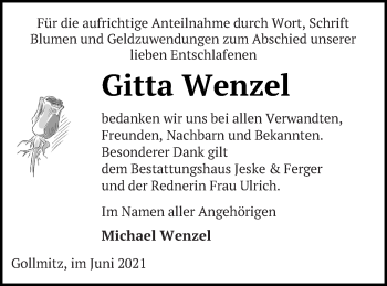 Traueranzeige von Gitta Wenzel von Prenzlauer Zeitung