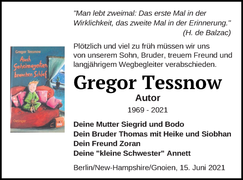 Traueranzeige für Gregor Tessnow vom 23.06.2021 aus Mecklenburger Schweiz
