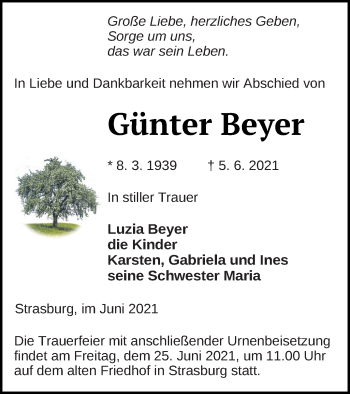 Traueranzeige von Günter Beyer von Pasewalker Zeitung