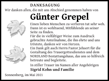 Traueranzeige von Günter Grepel von Pasewalker Zeitung