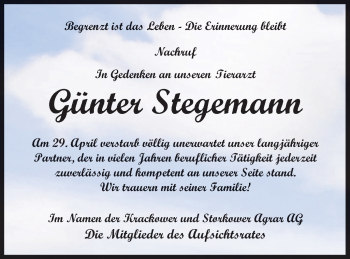 Traueranzeige von Günter Stegemann von Pasewalker Zeitung