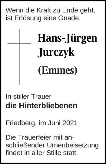 Traueranzeige von Hans-Jürgen Jurczyk von Pasewalker Zeitung