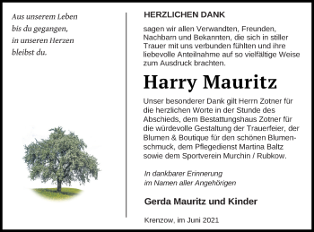 Traueranzeige von Harry Mauritz von Vorpommern Kurier