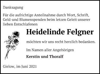 Traueranzeige von Heidelinde Felgner von Mecklenburger Schweiz