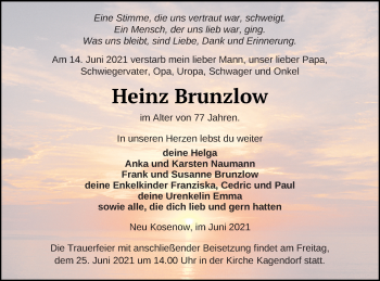 Traueranzeige von Heinz Brunzlow von Vorpommern Kurier