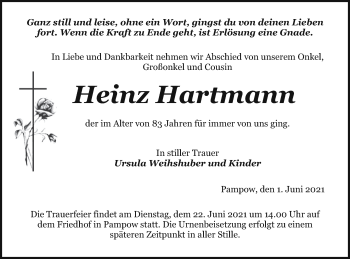 Traueranzeige von Heinz Hartmann von Pasewalker Zeitung