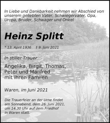 Traueranzeige von Heinz Splitt von Müritz-Zeitung