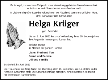 Traueranzeige von Helga Krüger von Prenzlauer Zeitung