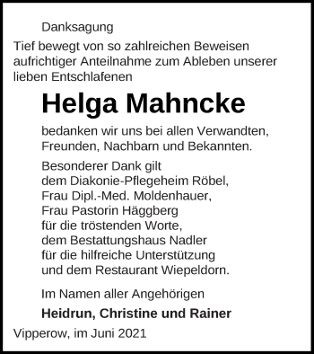 Traueranzeige von Helga Mahncke von Müritz-Zeitung