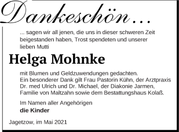 Traueranzeige von Helga Mohnke von Vorpommern Kurier