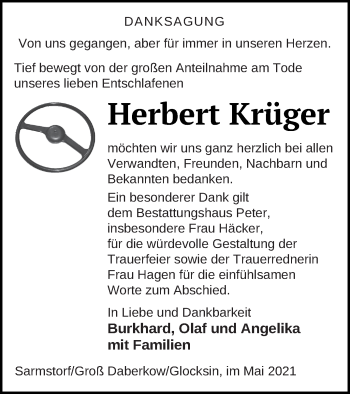 Traueranzeige von Herbert Krüger von Neubrandenburger Zeitung