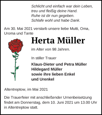 Traueranzeige von Herta Müller von Neubrandenburger Zeitung