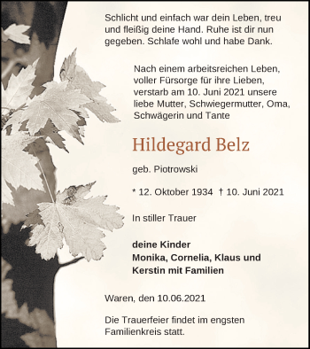 Traueranzeige von Hildegard Belz von Müritz-Zeitung