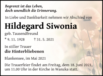 Traueranzeige von Hildegard Siwonia von Strelitzer Zeitung