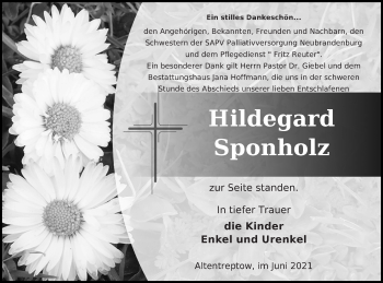 Traueranzeige von Hildegard Sponholz von Neubrandenburger Zeitung