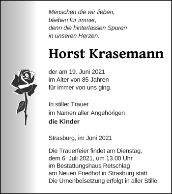 Traueranzeige von Horst Krasemann von Pasewalker Zeitung