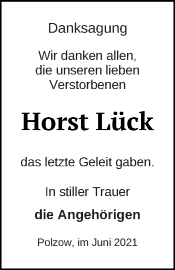 Traueranzeige von Horst Lück von Pasewalker Zeitung