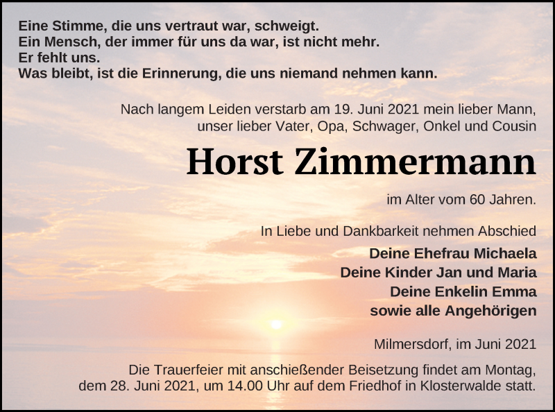  Traueranzeige für Horst Zimmermann vom 24.06.2021 aus Templiner Zeitung