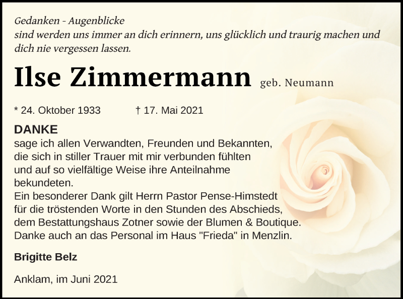  Traueranzeige für Ilse Zimmermann vom 12.06.2021 aus Vorpommern Kurier