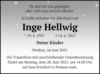 Traueranzeige von Inge Hellwig von Pasewalker Zeitung