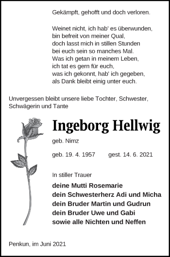 Traueranzeige von Ingeborg Hellwig von Pasewalker Zeitung