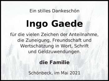 Traueranzeige von Ingo Gaede von Neubrandenburger Zeitung