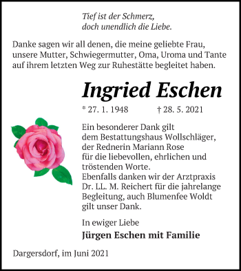 Traueranzeige von Ingried Eschen von Templiner Zeitung