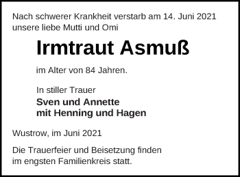 Traueranzeige von Irmtraut Asmuß von Strelitzer Zeitung