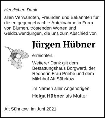 Traueranzeige von Jürgen Hübner von Mecklenburger Schweiz