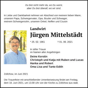 Traueranzeige von Jürgen Mittelstädt von Prenzlauer Zeitung