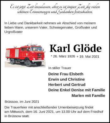 Traueranzeige von Karl Glöde von Prenzlauer Zeitung