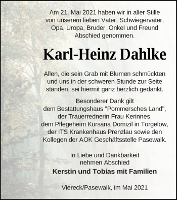 Traueranzeige von Karl-Heinz Dahlke von Pasewalker Zeitung