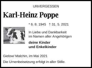 Traueranzeige von Karl-Heinz Poppe von Mecklenburger Schweiz