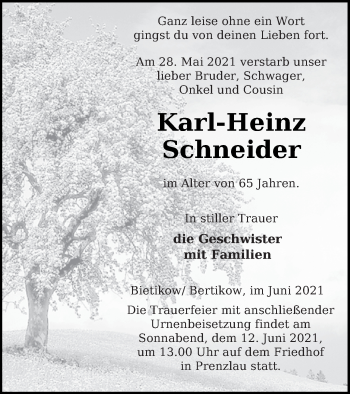 Traueranzeige von Karl-Heinz Schneider von Prenzlauer Zeitung