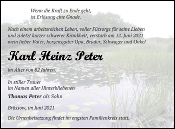 Traueranzeige von Karl Heinz Peter von Prenzlauer Zeitung