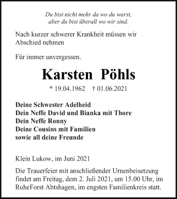 Traueranzeige von Karsten Pöhls von Müritz-Zeitung