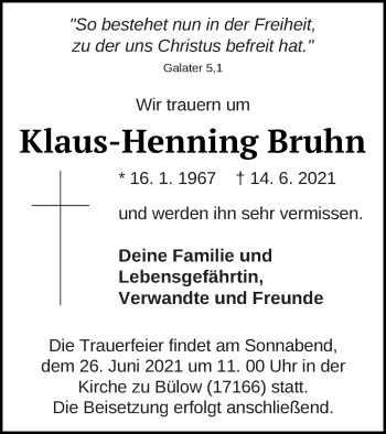 Traueranzeige von Klaus-Henning Bruhn von Mecklenburger Schweiz