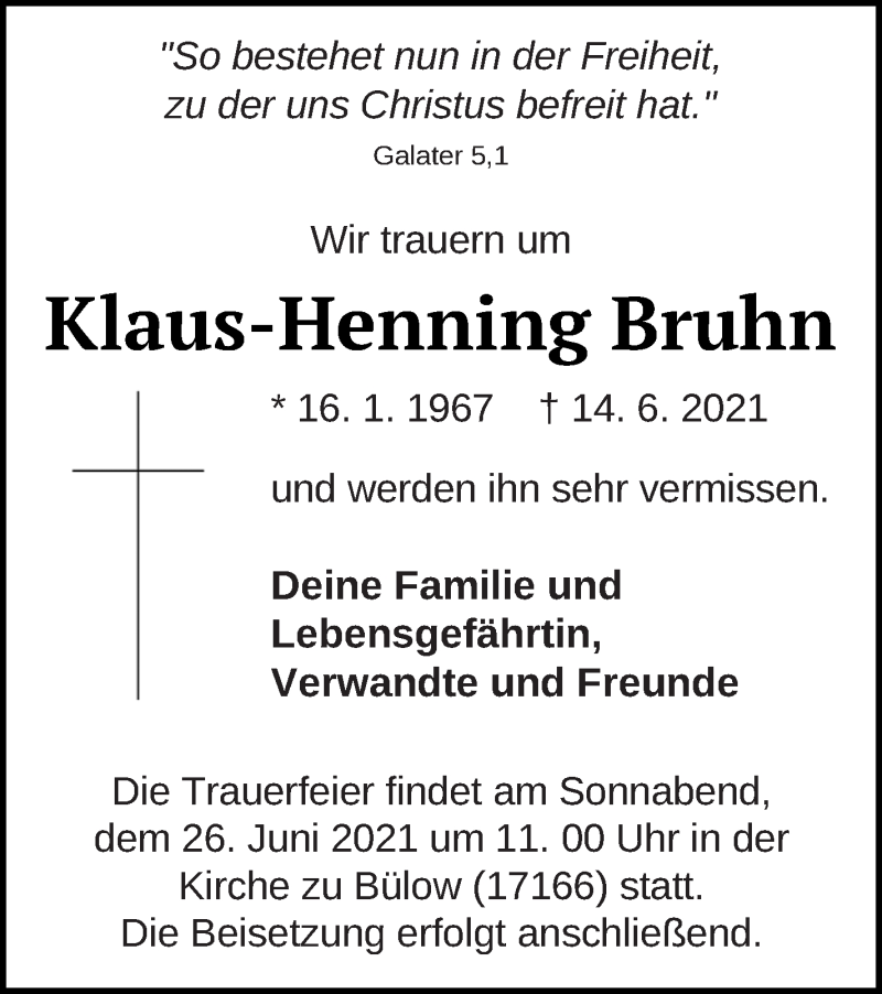  Traueranzeige für Klaus-Henning Bruhn vom 19.06.2021 aus Mecklenburger Schweiz