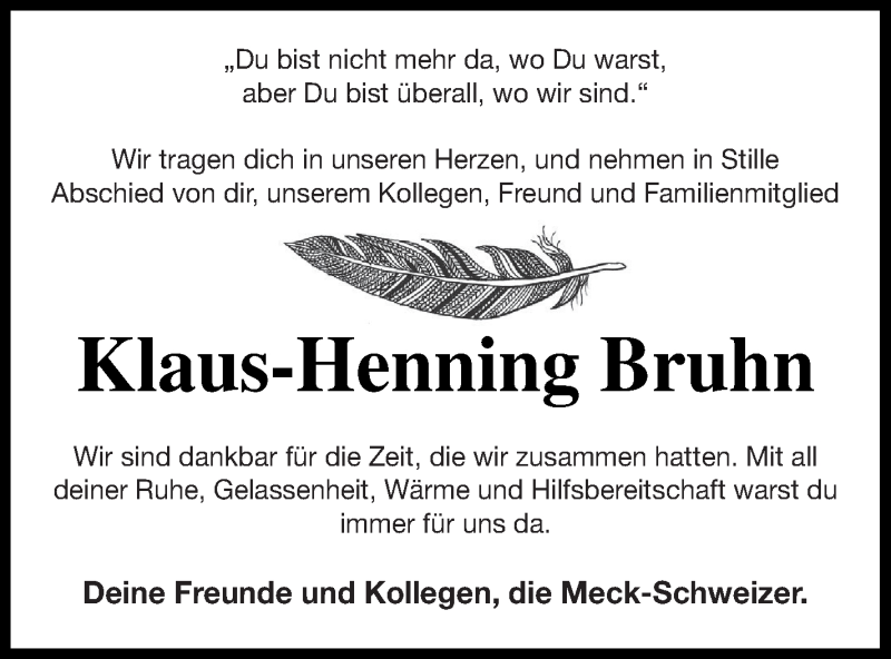  Traueranzeige für Klaus-Henning Bruhn vom 19.06.2021 aus Mecklenburger Schweiz