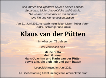 Traueranzeige von Klaus van der Pütten von Haff-Zeitung